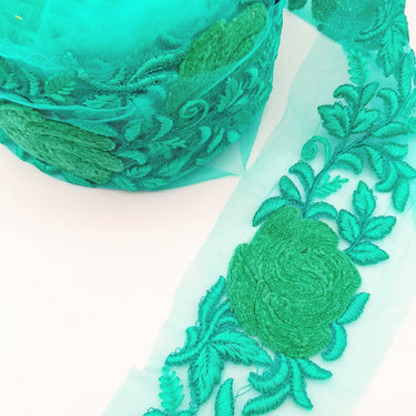 Cyan Green Soft Net Fabric Lace Trim with Floral Embroidery, Lace Trim, Sari Border